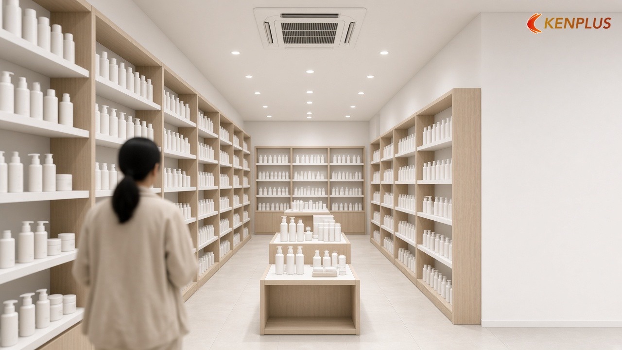Trần và máy lạnh — nên tính cùng lúc — Shop mỹ phẩm Hàn Quốc: trần mở hay trần thạch cao