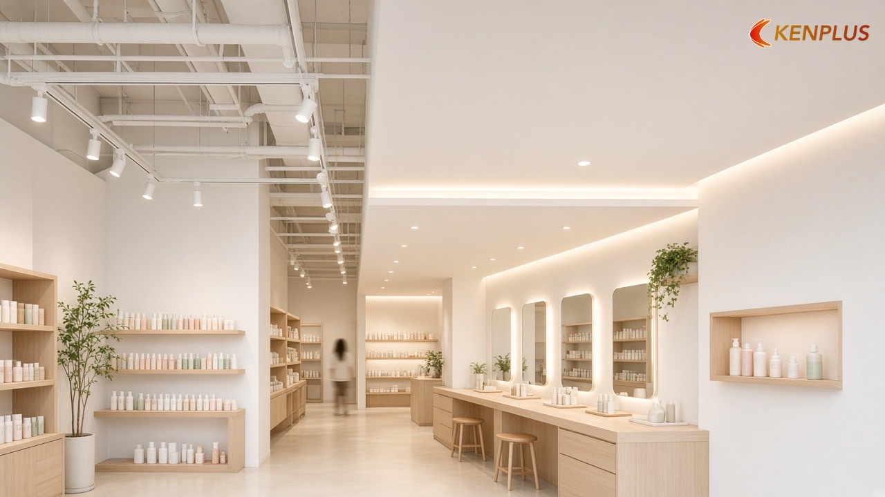 Kết hợp hai kiểu trần trên cùng một mặt bằng — Shop mỹ phẩm Hàn Quốc: trần mở hay trần thạch cao