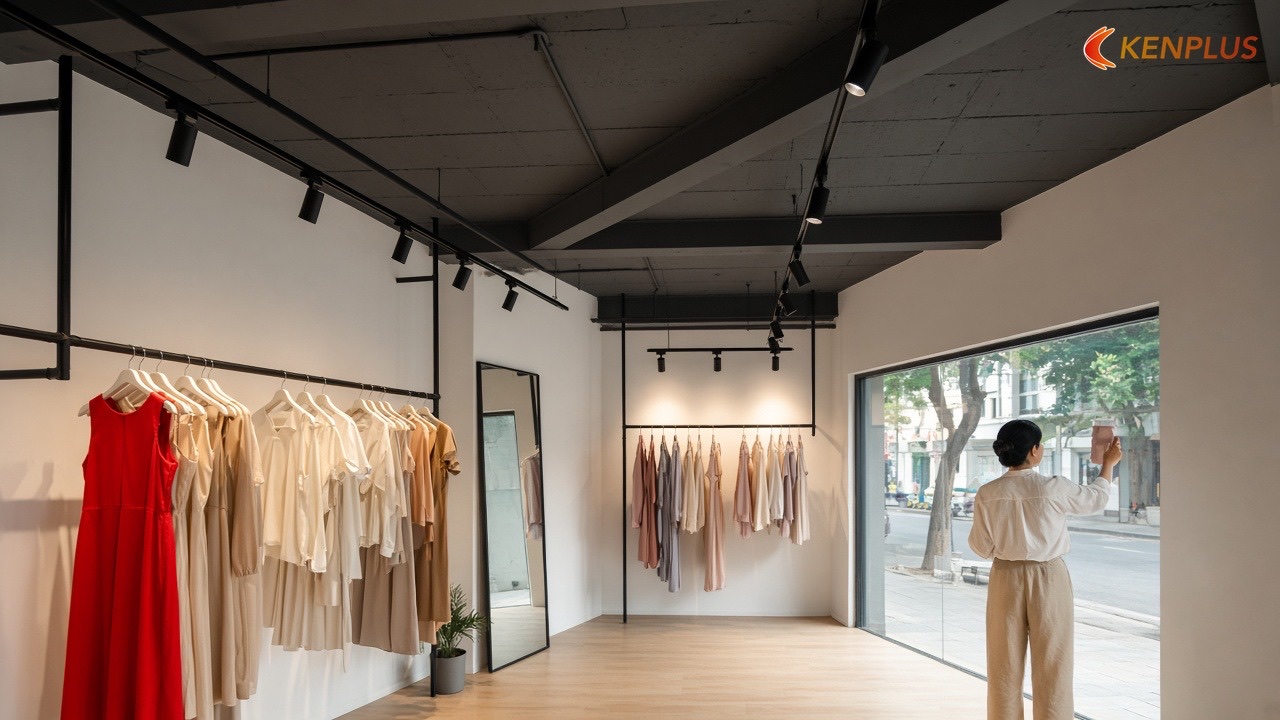 Đèn cho shop nữ: mỗi loại trần một cách — Shop thời trang nữ: trần mở hay trần thạch cao Đèn cho shop nữ: mỗi loại trần một cách — Shop thời trang nữ: trần mở hay trần thạch cao