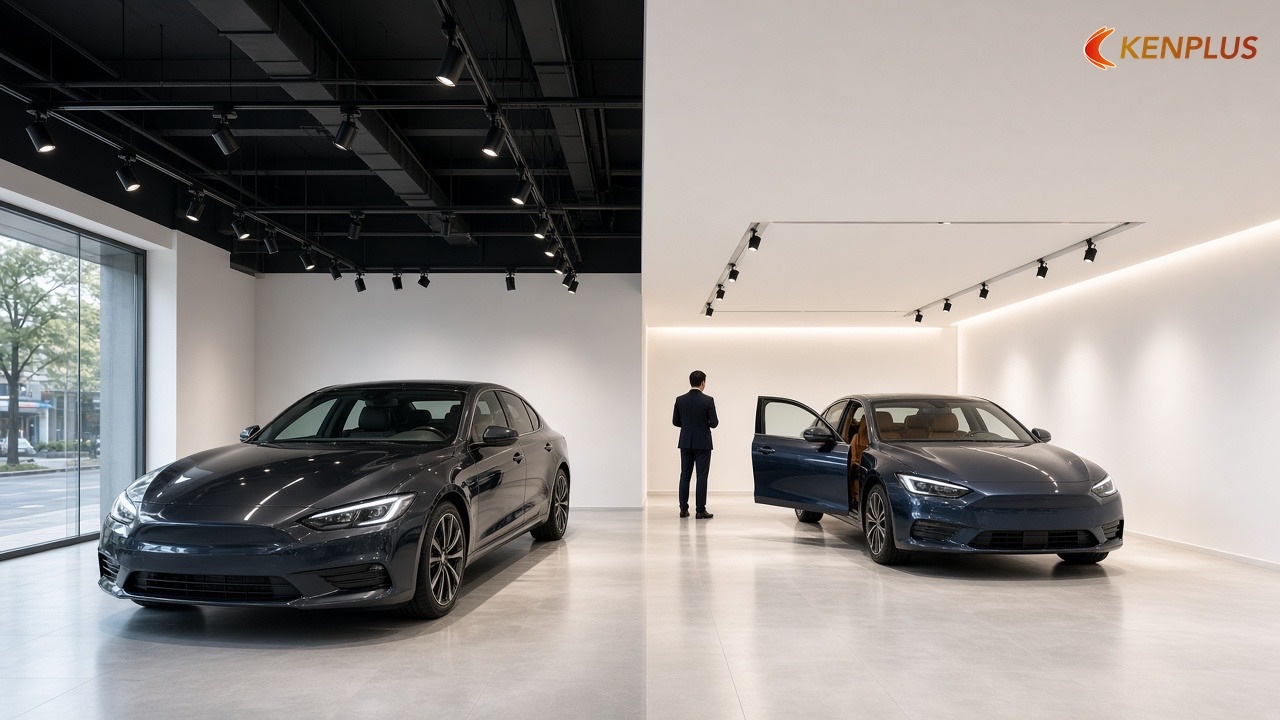 So sánh chiếu sáng track rọi xe giữa trần mở và trần thạch cao — Showroom ô tô: trần mở hay trần thạch cao So sánh chiếu sáng track rọi xe giữa trần mở và trần thạch cao — Showroom ô tô: trần mở hay trần thạch cao