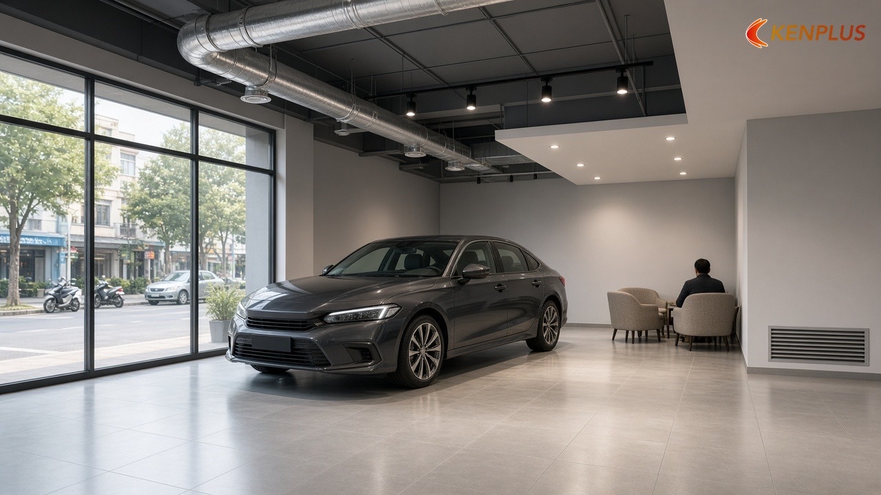 HVAC lộ và che — không gian kín với xe và khách ở lâu — Showroom ô tô: trần mở hay trần thạch cao HVAC lộ và che — không gian kín với xe và khách ở lâu — Showroom ô tô: trần mở hay trần thạch cao