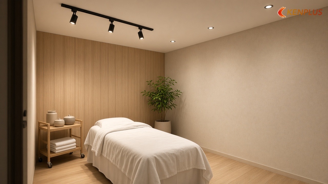 So sánh nhanh đèn ray và đèn âm trần — Spa chăm sóc da: đèn ray hay đèn âm trần