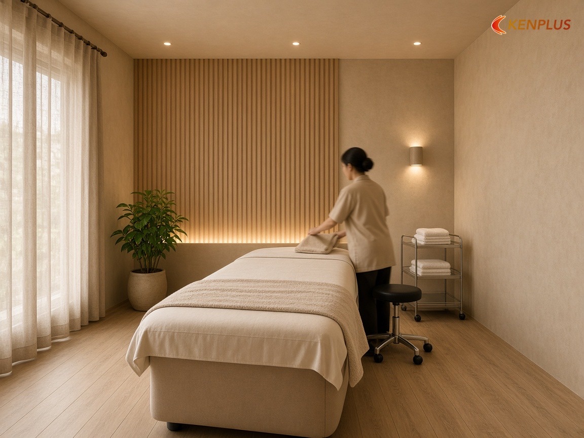 Đặt đèn theo giường: chốt bố trí trước — Spa chăm sóc da: đèn ray hay đèn âm trần