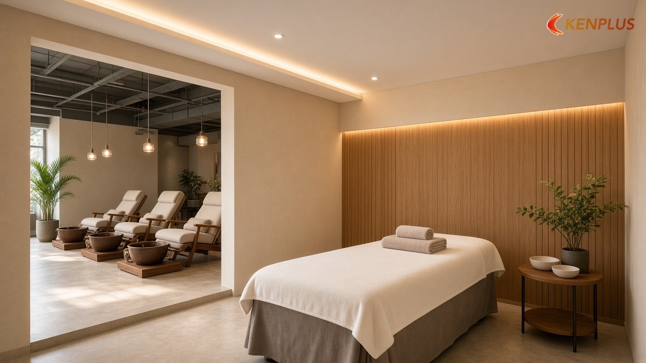 So sánh nhanh theo từng khu trong spa — Spa mini: trần mở hay trần thạch cao