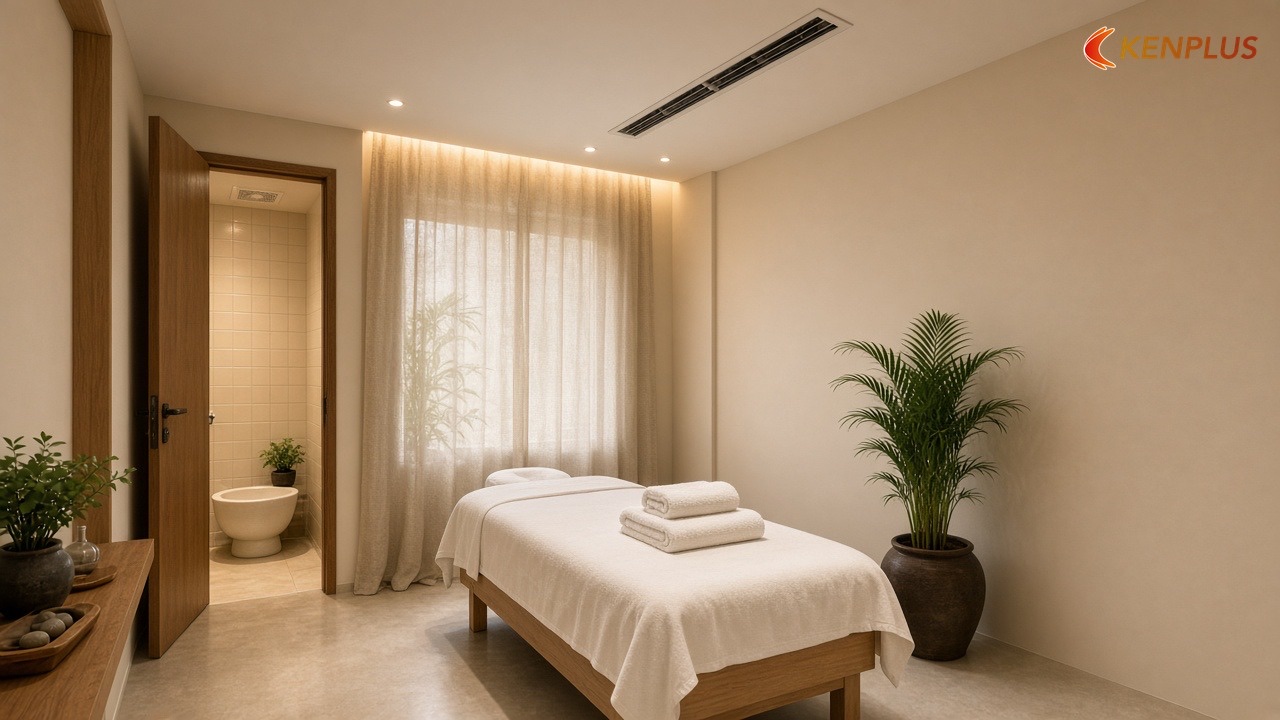 Máy lạnh, quạt hút và đèn trên trần — Spa mini: trần mở hay trần thạch cao