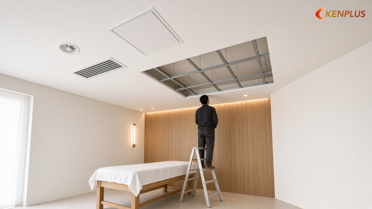 Xin bản vẽ mặt bằng trần trước khi cho thợ đóng — Spa mini: trần mở hay trần thạch cao