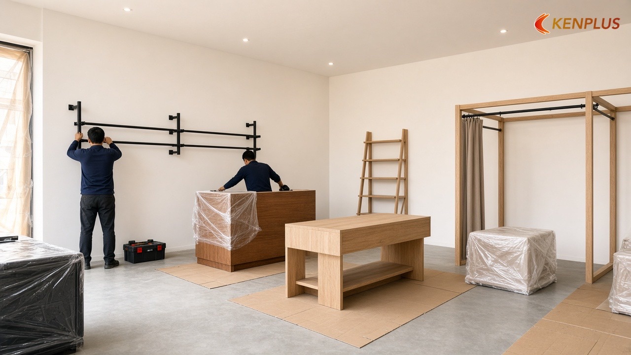 Giai đoạn 4: Lắp giá treo, quầy, phòng thử và biển hiệu — Thi công shop thời trang nam mất bao lâu