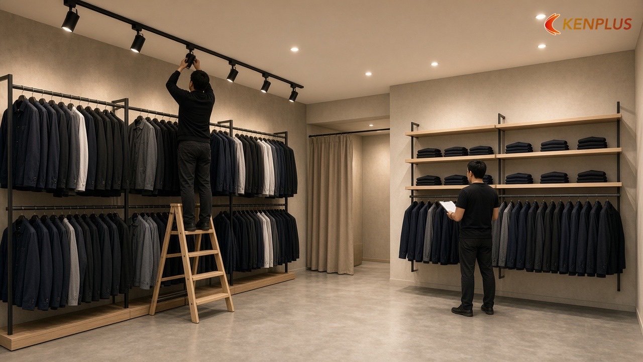 Giai đoạn 5: Đèn, chỉnh sáng và nghiệm thu — Thi công shop thời trang nam mất bao lâu