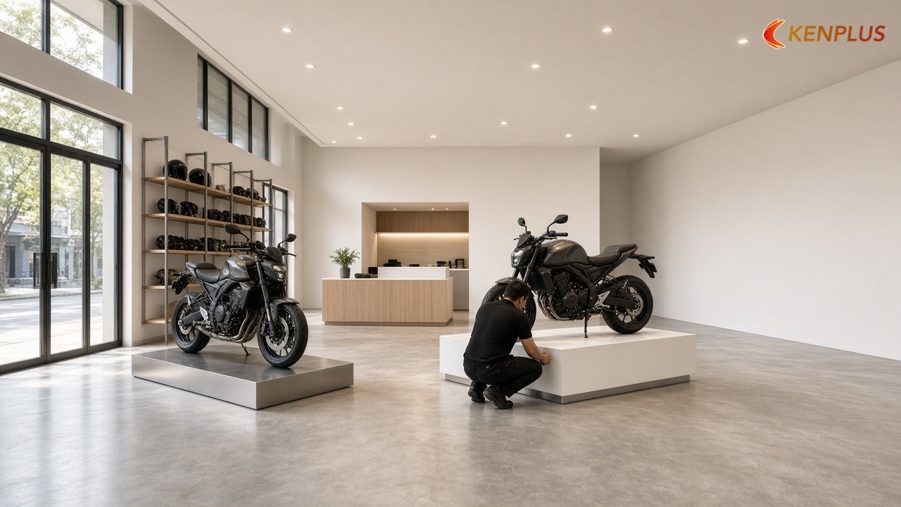 Giai đoạn 3: Pedestal và nội thất trưng bày (2–4 tuần) — Thi công showroom xe máy mất bao lâu Giai đoạn 3: Pedestal và nội thất trưng bày (2–4 tuần) — Thi công showroom xe máy mất bao lâu