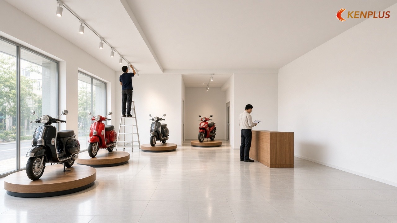 Giai đoạn 4: Chiếu sáng và nghiệm thu (1–2 tuần) — Thi công showroom xe máy mất bao lâu Giai đoạn 4: Chiếu sáng và nghiệm thu (1–2 tuần) — Thi công showroom xe máy mất bao lâu