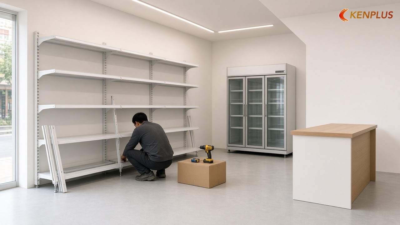 Giai đoạn 6 — Lắp kệ, quầy và tủ mát (tuần 6–8) — Thi công siêu thị mini mất bao lâu Giai đoạn 6 — Lắp kệ, quầy và tủ mát (tuần 6–8) — Thi công siêu thị mini mất bao lâu