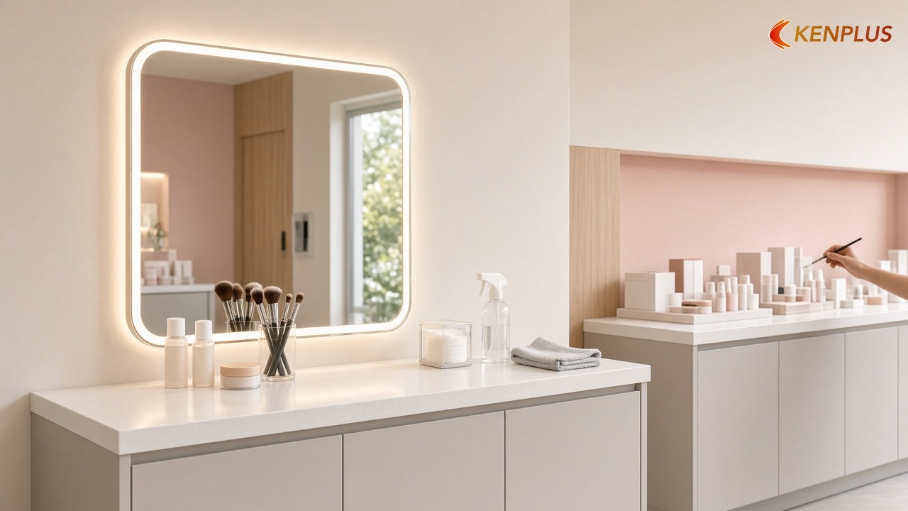 Vật liệu dễ lau cho khu gương thử — Thiết kế gương thử mỹ phẩm cho shop mỹ phẩm cao cấp Vật liệu dễ lau cho khu gương thử — Thiết kế gương thử mỹ phẩm cho shop mỹ phẩm cao cấp