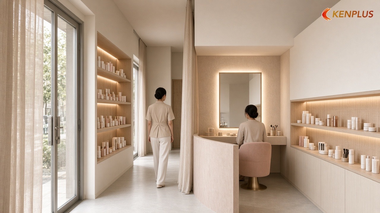 Bố trí để vừa riêng tư, vừa không cản khách — Thiết kế gương thử mỹ phẩm cho shop mỹ phẩm cao cấp Bố trí để vừa riêng tư, vừa không cản khách — Thiết kế gương thử mỹ phẩm cho shop mỹ phẩm cao cấp
