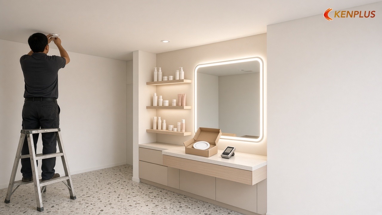 Phối hợp với đội thi công điện khi lắp đèn — Thiết kế gương thử mỹ phẩm cho shop mỹ phẩm cao cấp Phối hợp với đội thi công điện khi lắp đèn — Thiết kế gương thử mỹ phẩm cho shop mỹ phẩm cao cấp