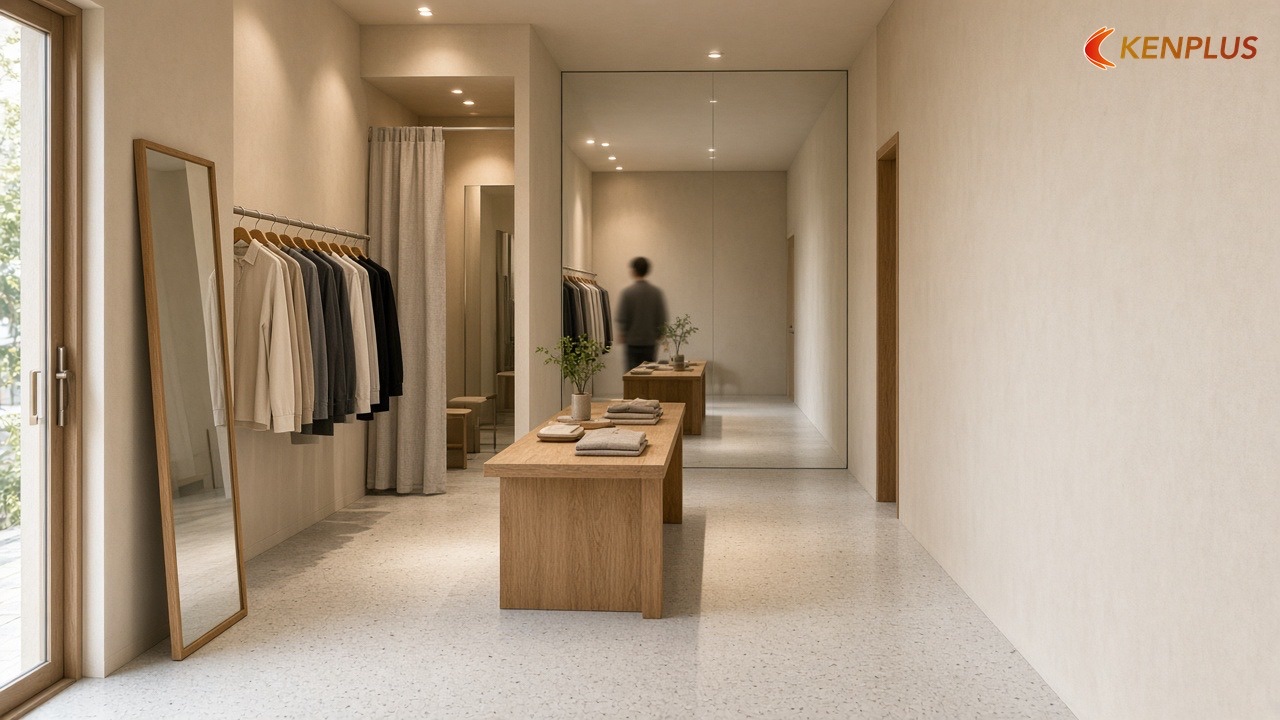 Khi tiệm nhỏ hoặc mặt tiền hẹp — Thiết kế gương toàn thân cho shop thời trang nam