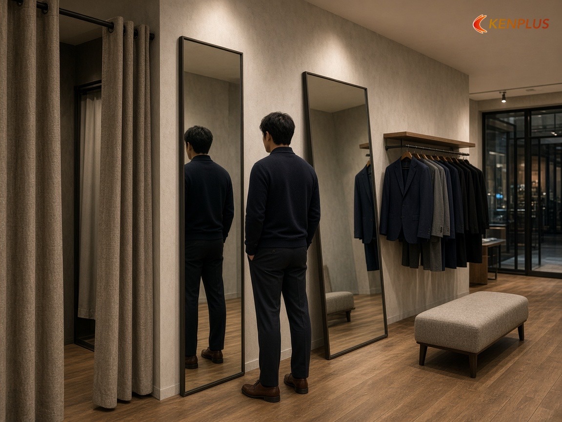 Kiểm tra gương trước khi nghiệm thu — Thiết kế gương toàn thân cho shop thời trang nam