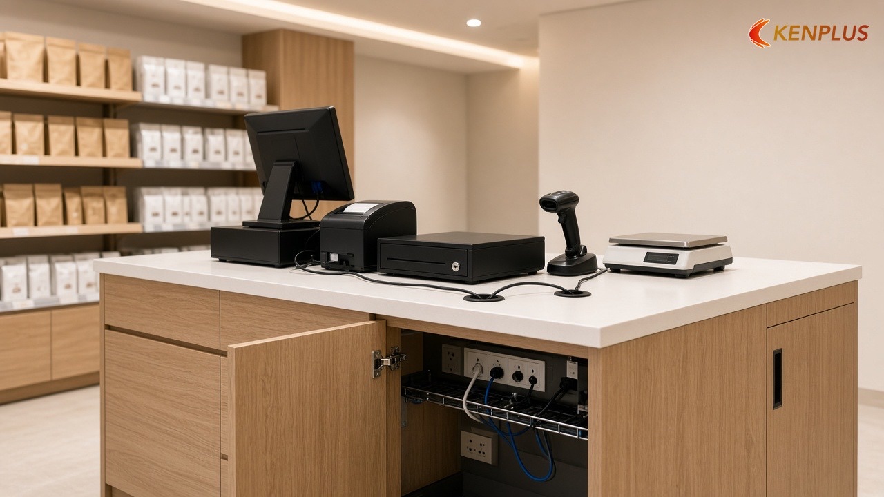 Ổ điện, máy in và dây mạng ở quầy — Thiết kế quầy POS cho siêu thị mini Ổ điện, máy in và dây mạng ở quầy — Thiết kế quầy POS cho siêu thị mini