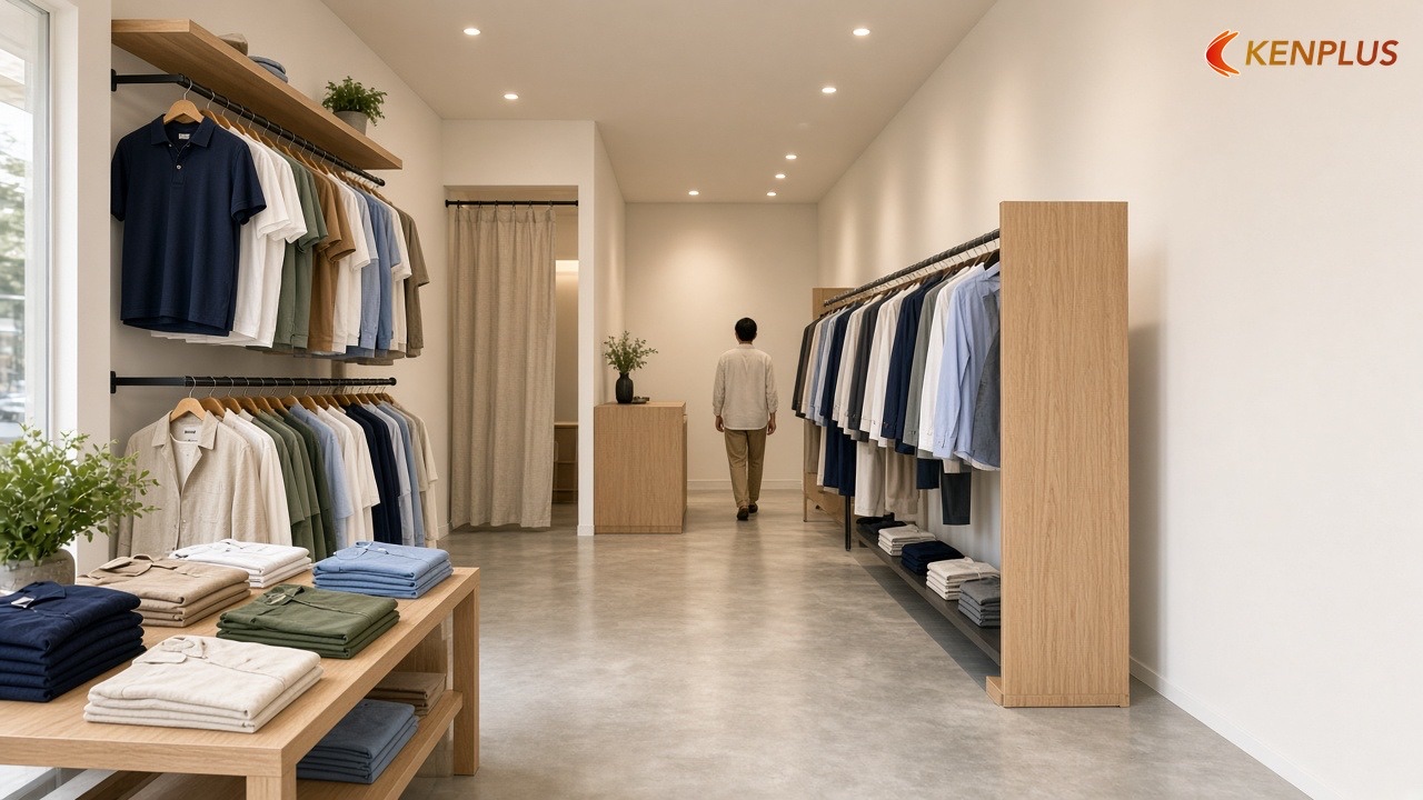 Hướng ý tưởng 3: Lai đồ công sở và đồ thường ngày — Ý tưởng thiết kế shop thời trang nam 50m²
