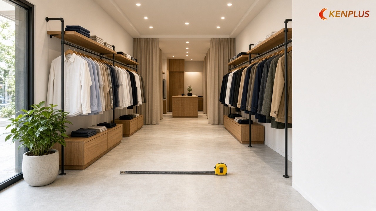 Số đo có nguồn để tự kiểm mặt bằng — Ý tưởng thiết kế shop thời trang nam 50m²