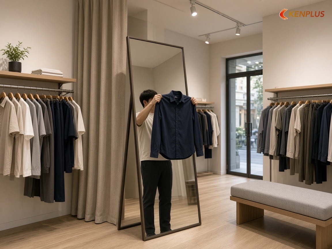 Gương và ánh sáng trên mặt bằng nhỏ — Ý tưởng thiết kế shop thời trang nam 50m²