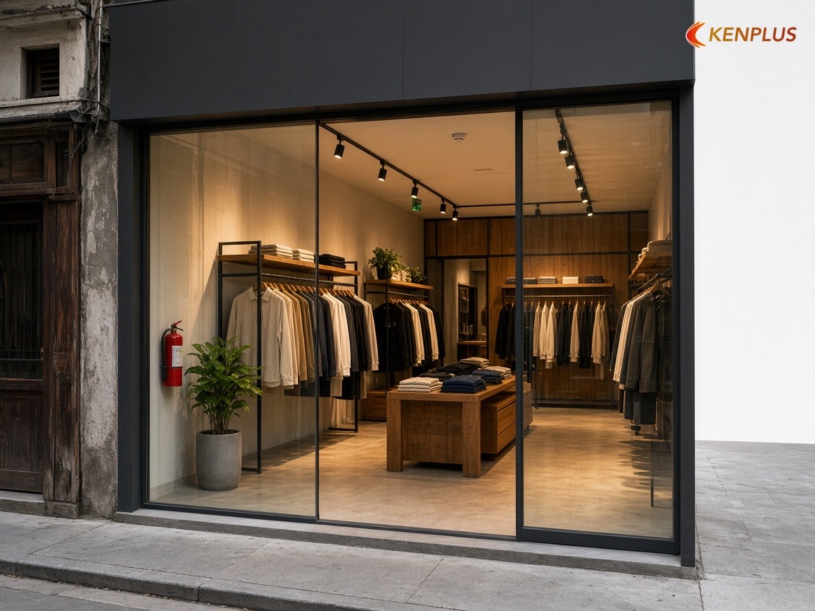 Biển hiệu và phòng cháy với shop đúng 50m² — Ý tưởng thiết kế shop thời trang nam 50m²