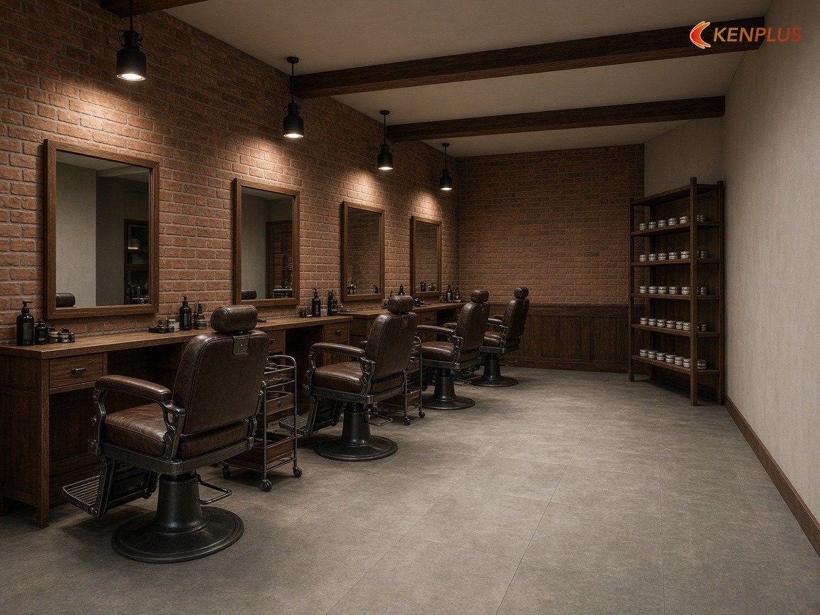 Bốn ghế barber một dãy dọc tường gương