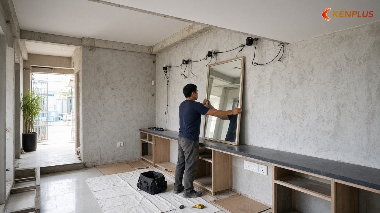 Lắp tường gương và ổ cắm từng vị trí