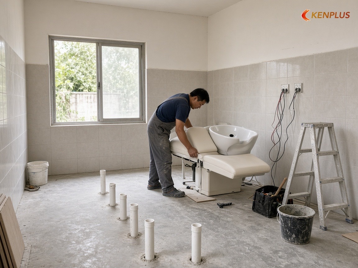 Lắp chậu gội và thoát nước salon
