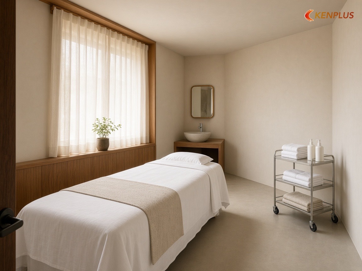 Giường đặt lệch để chừa lối làm việc