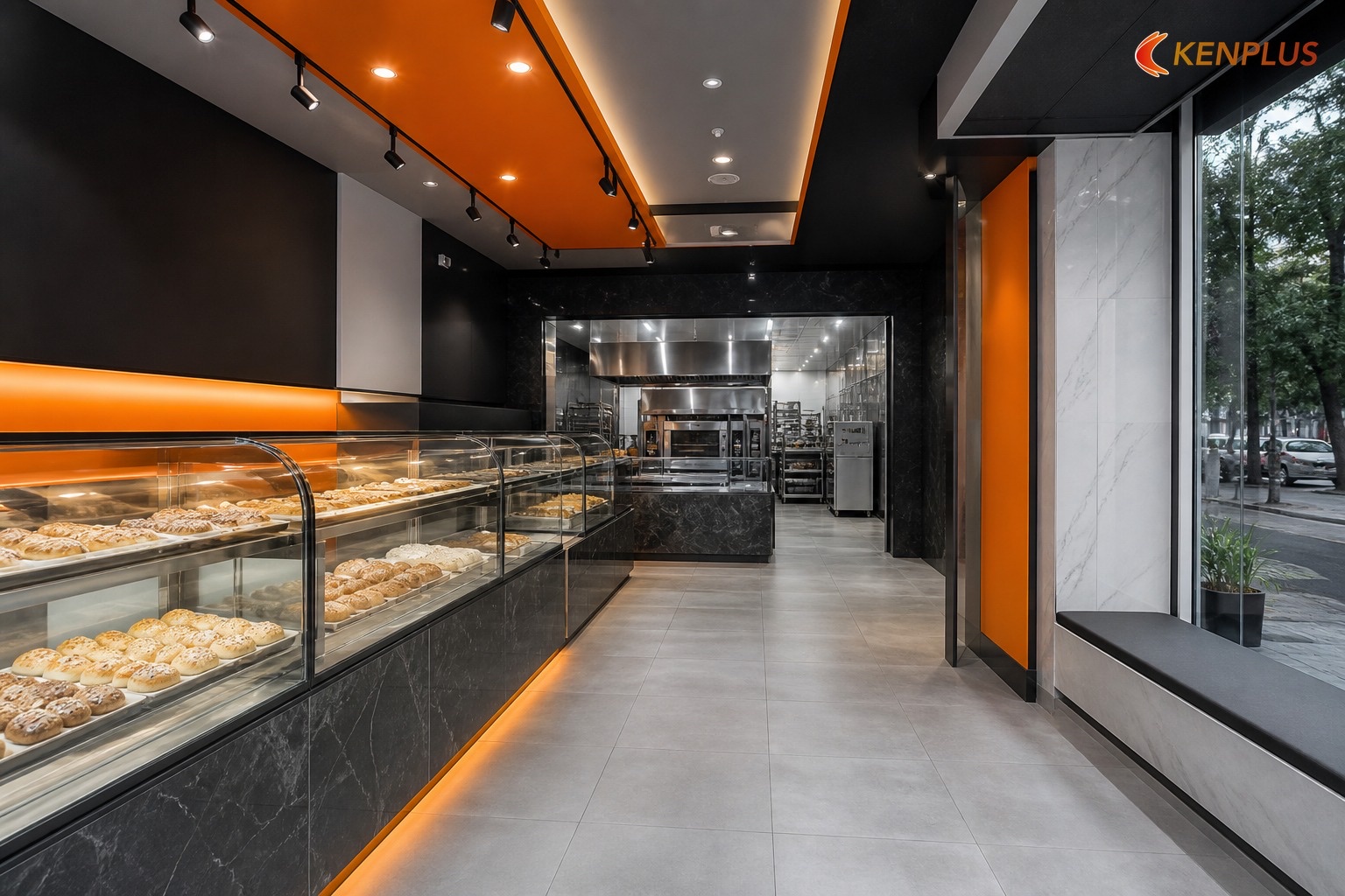 Layout vitrine + bếp 40–80 m²