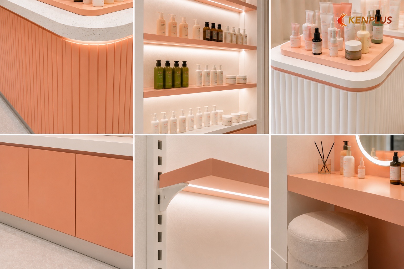 Bảng kích thước quầy/kệ cho shop K-beauty 15 mét vuông — Mẫu thiết kế shop mỹ phẩm Hàn Quốc đẹp, dễ thi công