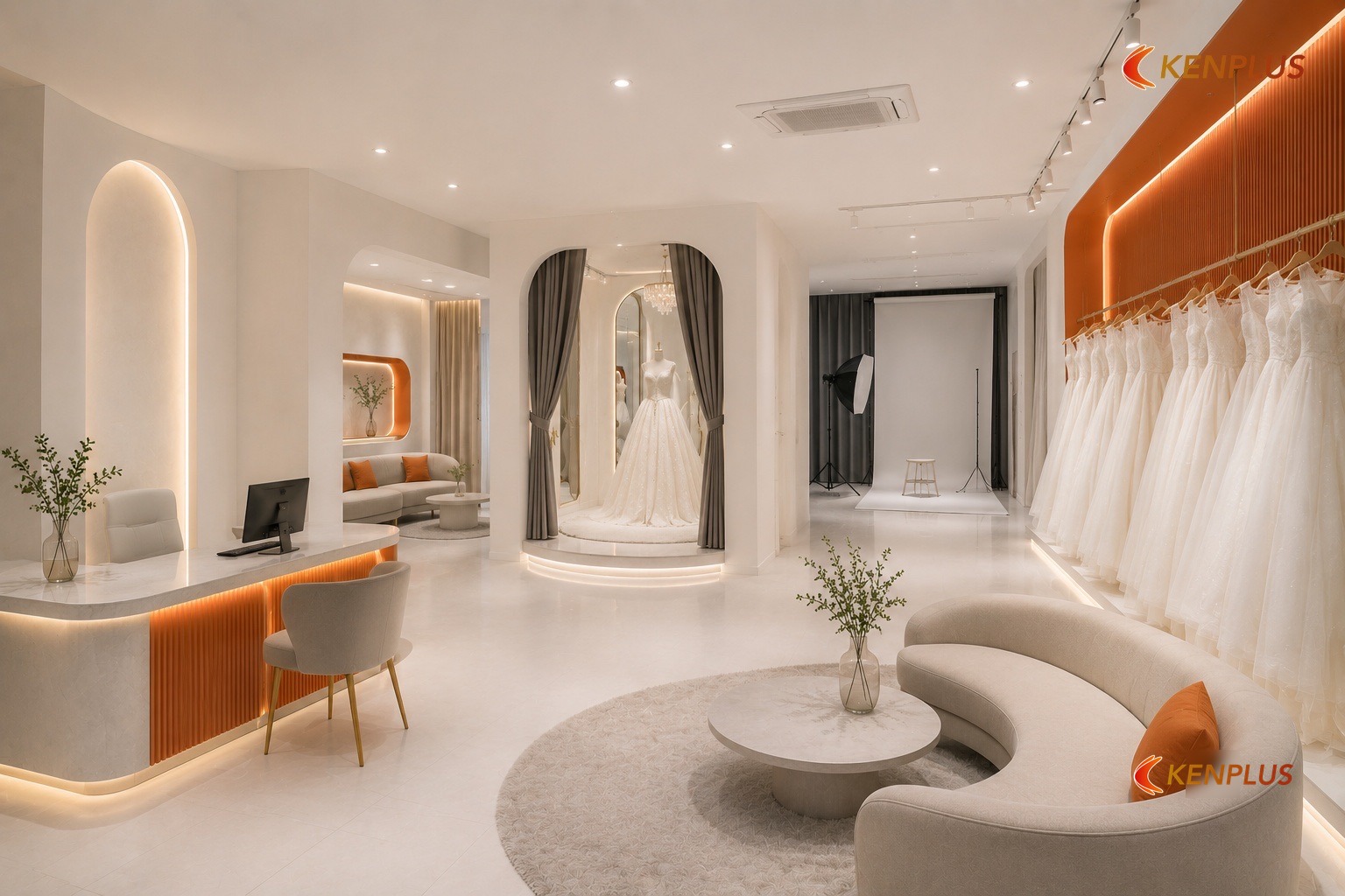 Năm khối chức năng bắt buộc trên 60 m² — Cách bố trí studio áo cưới 60m² hợp lý Năm khối chức năng bắt buộc trên 60 m² — Cách bố trí studio áo cưới 60m² hợp lý