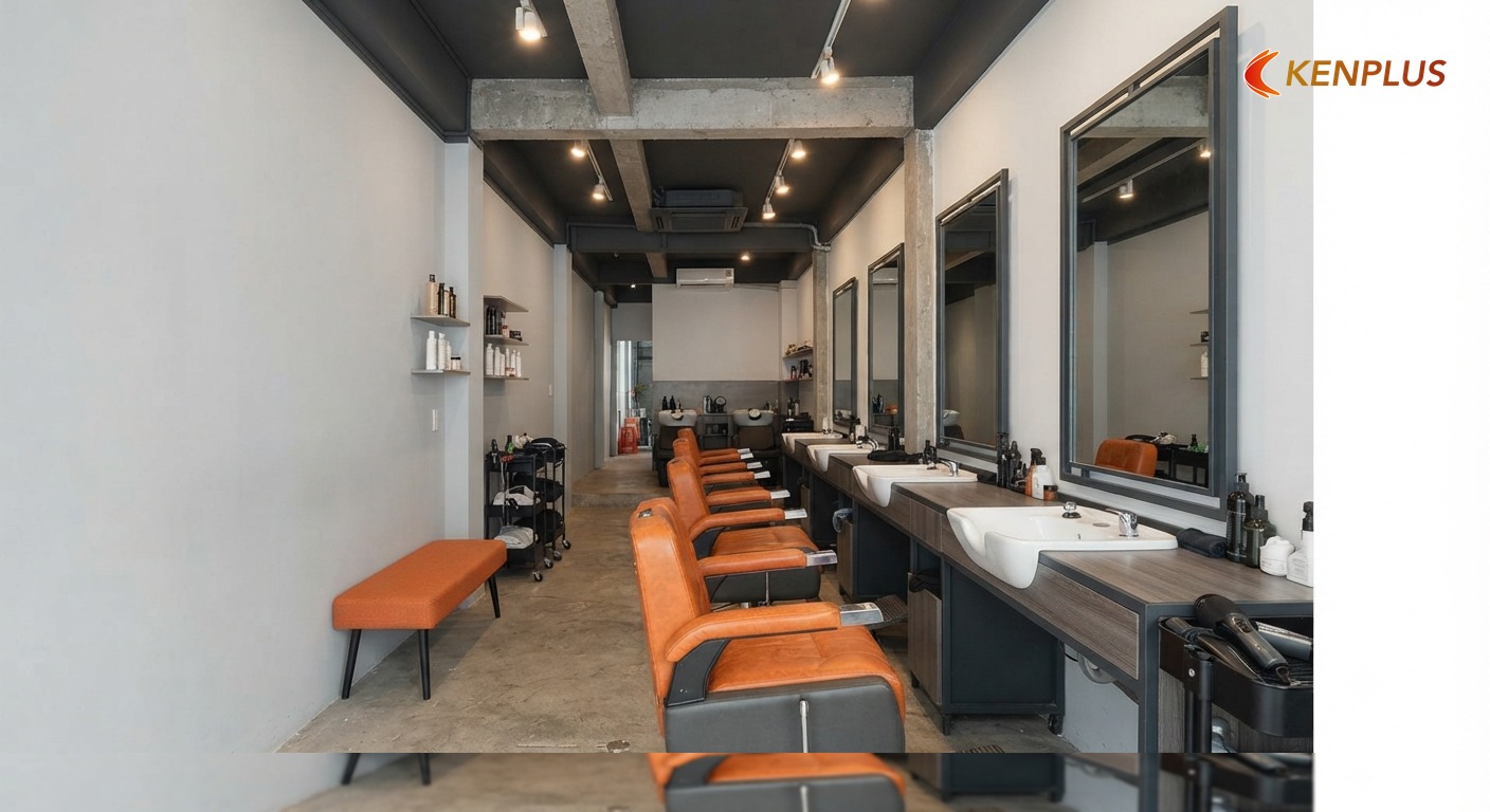 Mẫu 1 — Chữ nhật hẹp: một trục chờ–cắt–gội — Mẫu thiết kế salon tóc nữ đẹp, dễ thi công