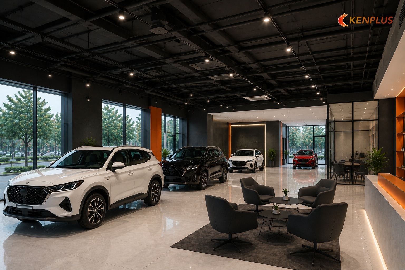 Trần mở trong showroom ô tô — ưu điểm và giới hạn — Showroom ô tô: trần mở hay trần thạch cao Trần mở trong showroom ô tô — ưu điểm và giới hạn — Showroom ô tô: trần mở hay trần thạch cao