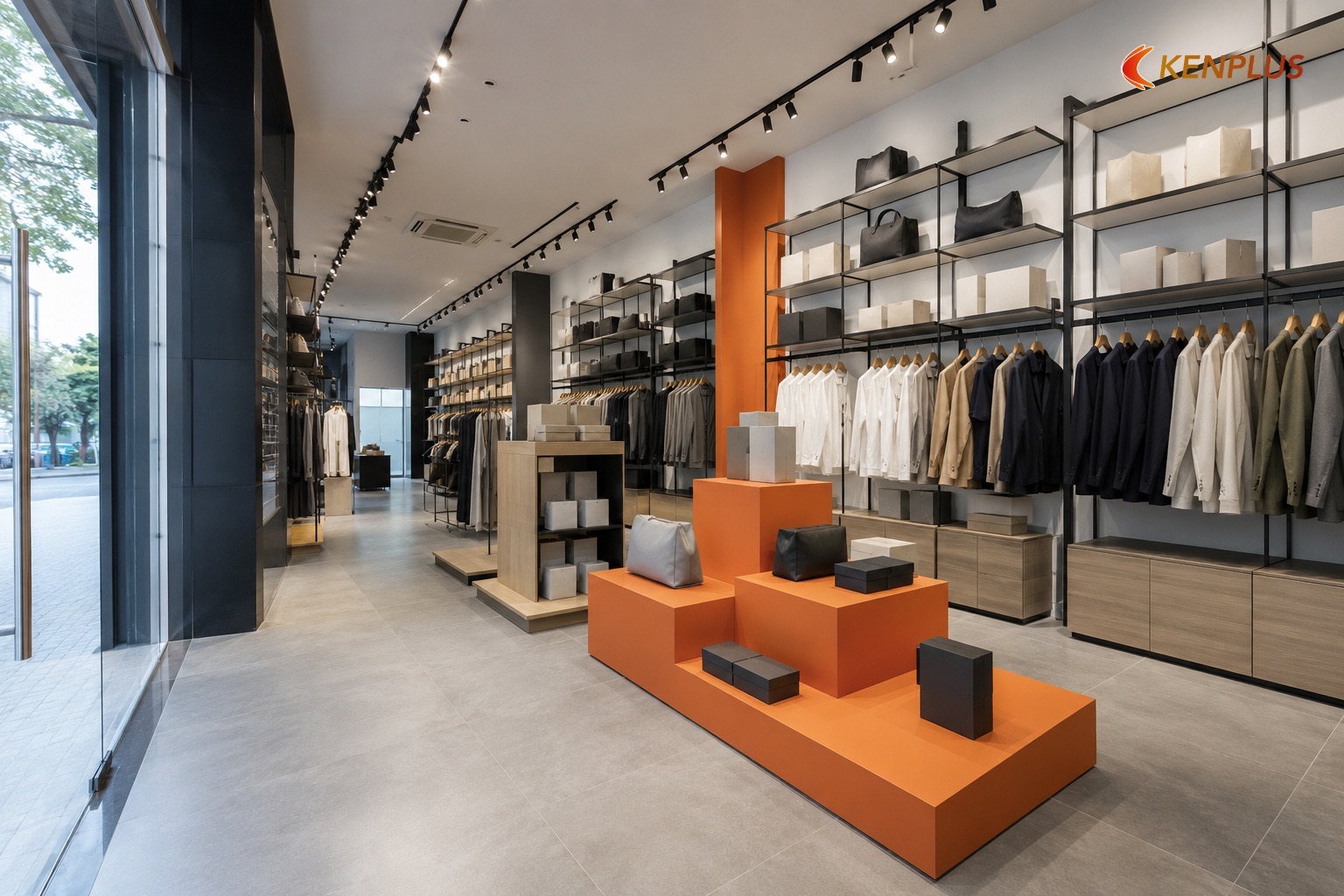 Zone 1: Entry và new arrival — Mặt bằng shop thời trang nam 80m² bố trí thế nào Zone 1: Entry và new arrival — Mặt bằng shop thời trang nam 80m² bố trí thế nào