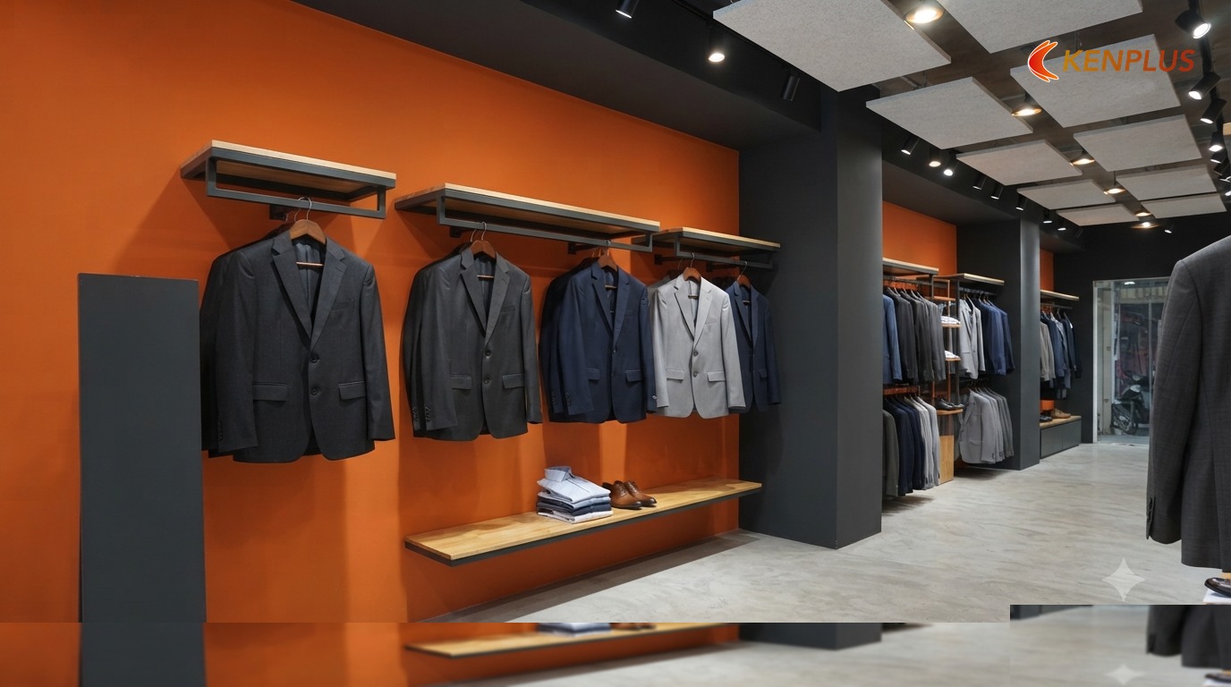 Hướng ý tưởng 1: Tường suiting tối giản (minimal suiting wall) — Ý tưởng thiết kế shop thời trang nam 50m² Hướng ý tưởng 1: Tường suiting tối giản (minimal suiting wall) — Ý tưởng thiết kế shop thời trang nam 50m²