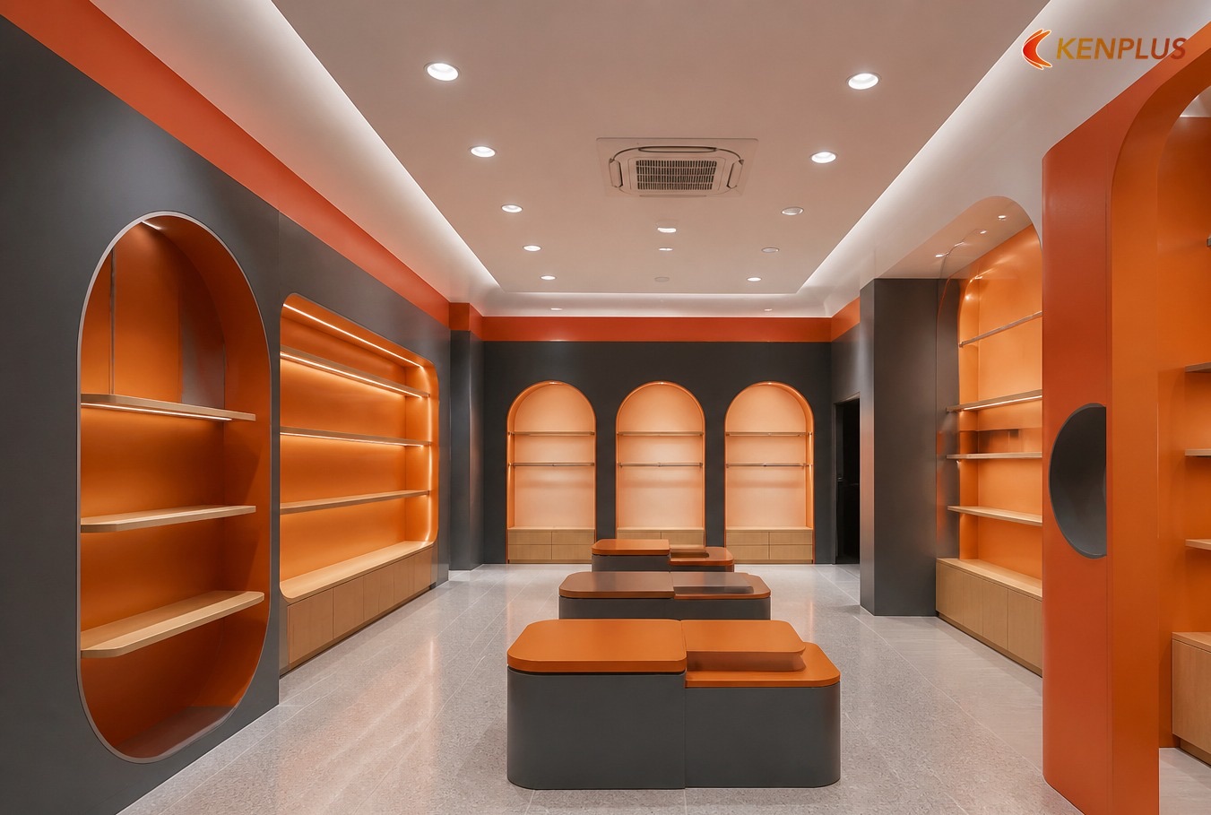 Ánh sáng, HVAC và shophouse sâu — Thiết kế shop thời trang trẻ em mặt tiền 3m Ánh sáng, HVAC và shophouse sâu — Thiết kế shop thời trang trẻ em mặt tiền 3m