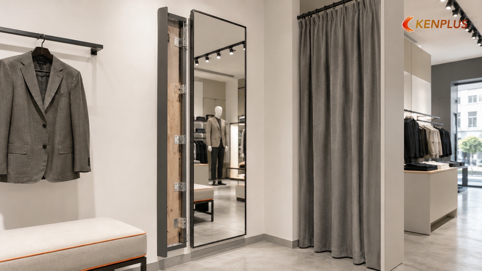 Kích thước và loại gương — neo kỹ thuật 0,45–0,5m × 1,7m — Thiết kế gương toàn thân cho shop thời trang nam Kích thước và loại gương — neo kỹ thuật 0,45–0,5m × 1,7m — Thiết kế gương toàn thân cho shop thời trang nam
