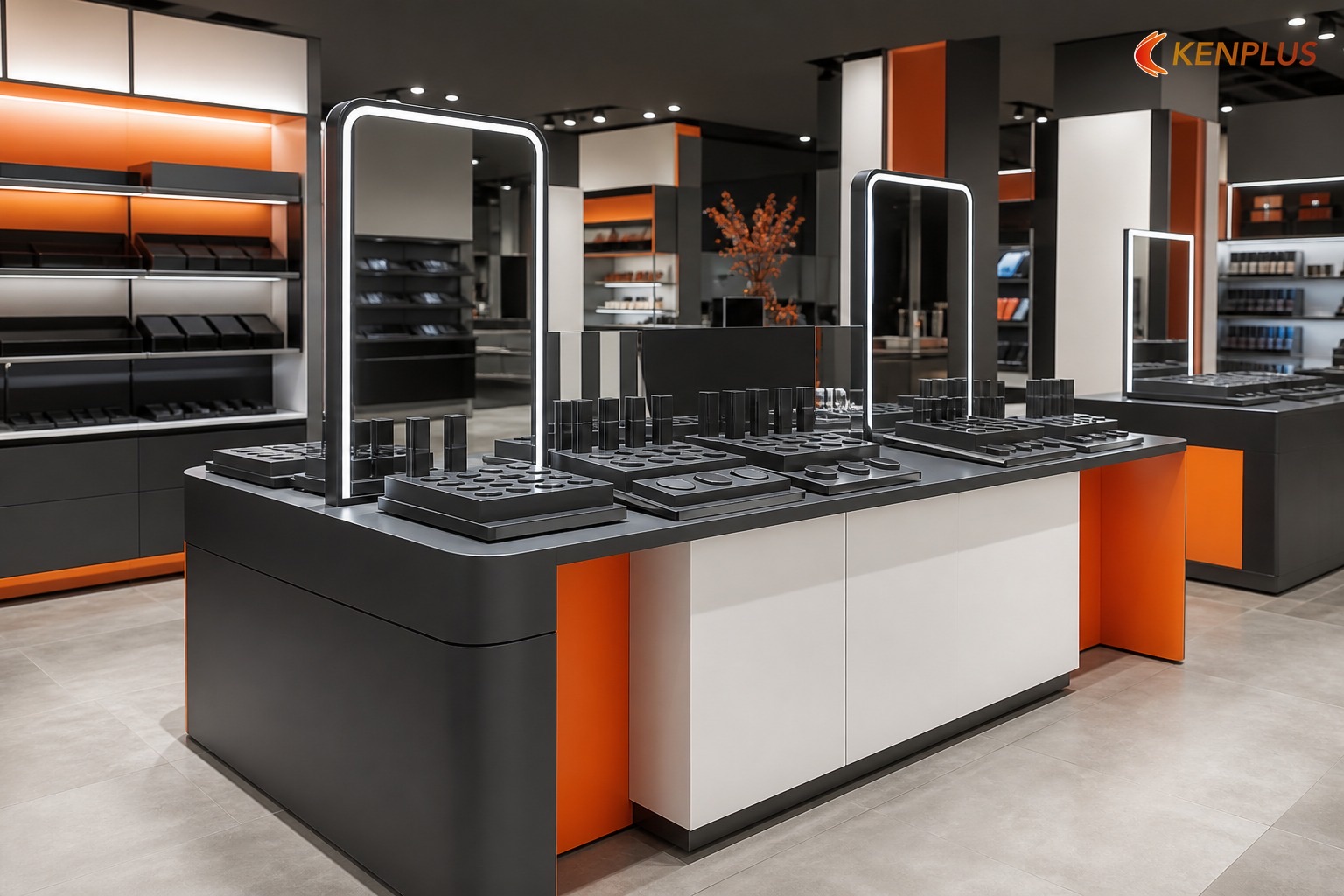 Bảng phân khu sản phẩm theo nhóm — 40m² cao cấp — Mặt bằng shop mỹ phẩm cao cấp 40m² bố trí thế nào
