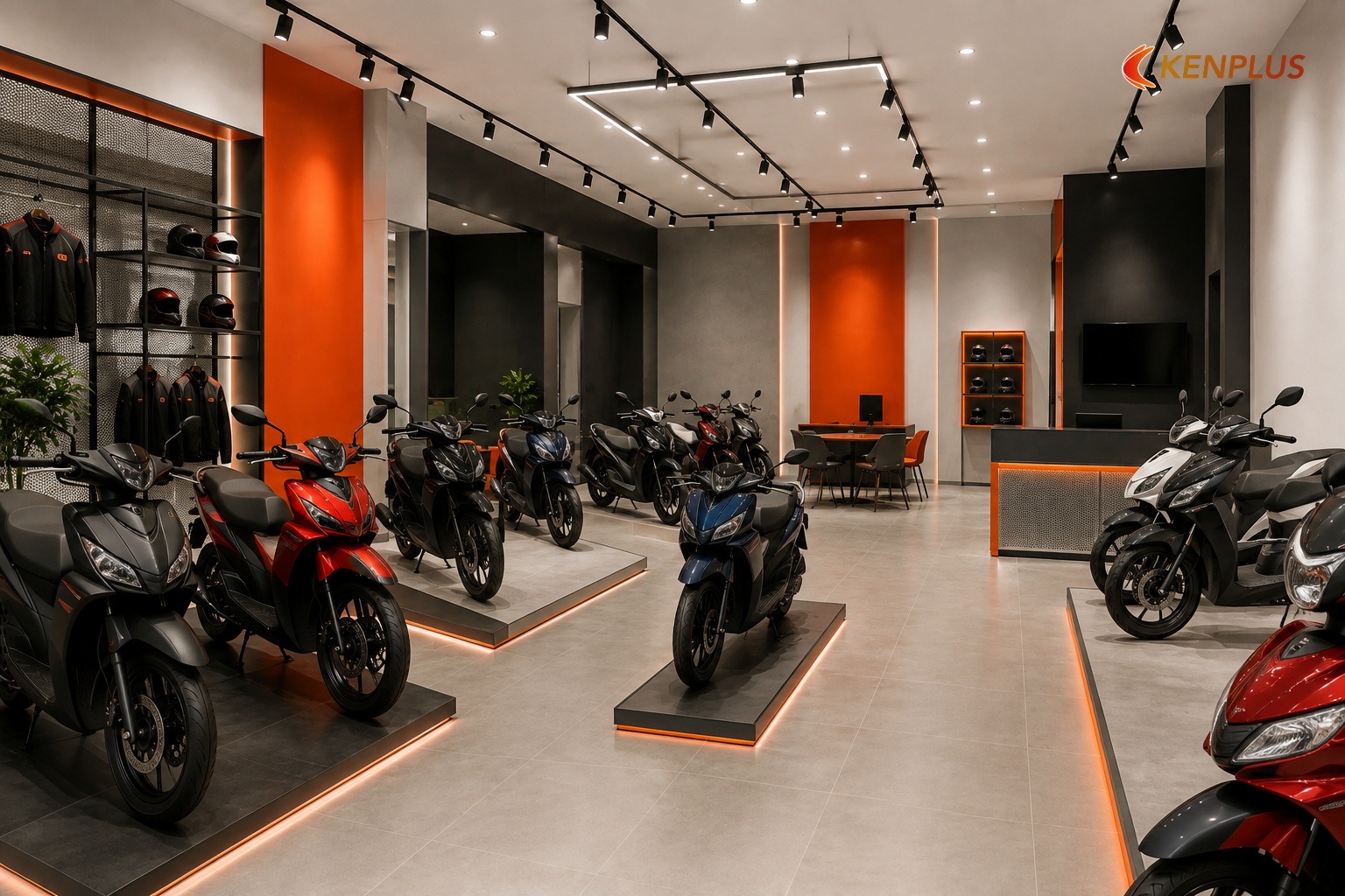 Sơ đồ hành trình khách trong showroom xe máy 80 m² — Chi phí thi công showroom xe máy 80m²