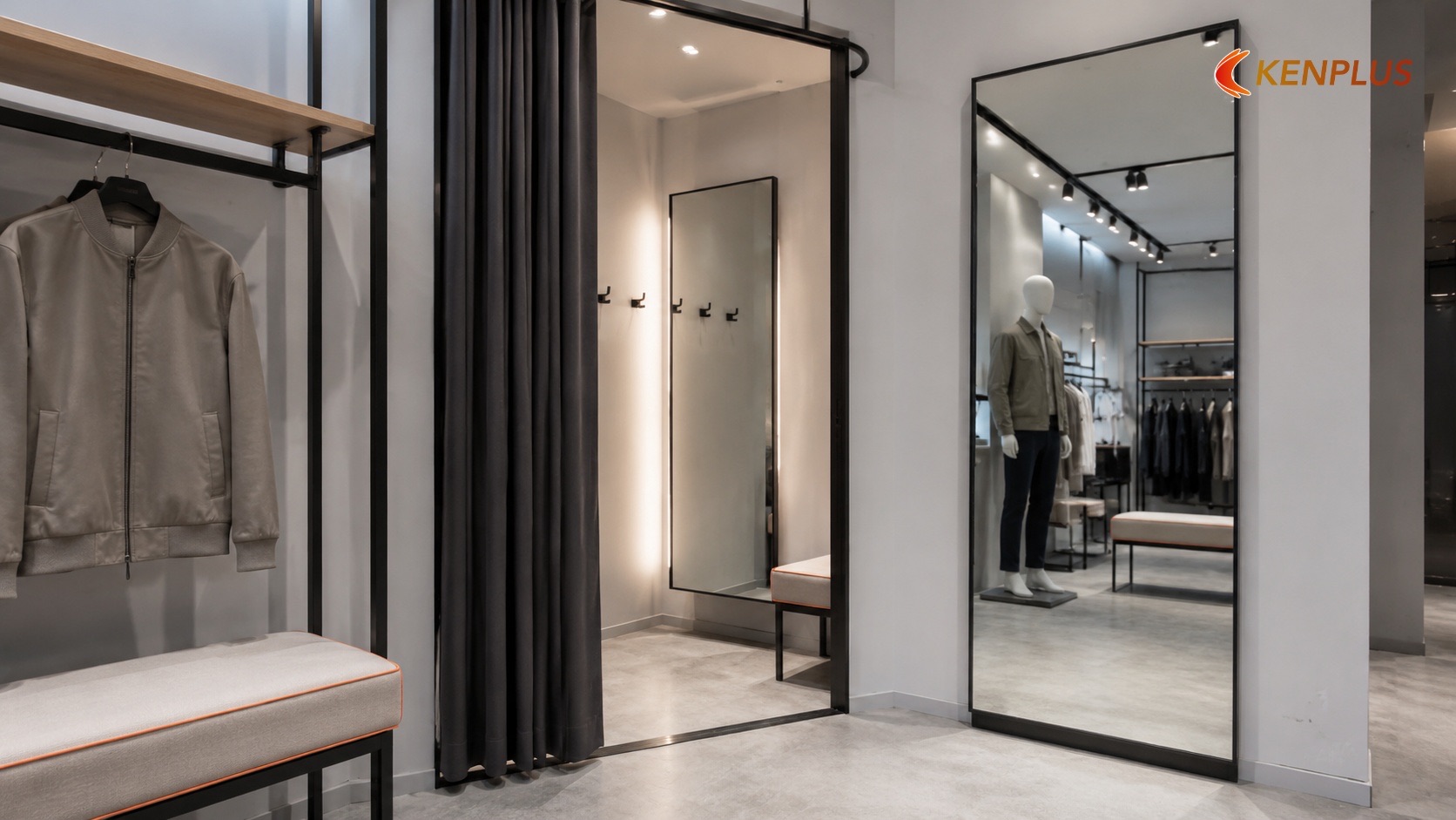 Đặt gương ngoài cabin và trong cabin — luồng khách nam — Thiết kế gương toàn thân cho shop thời trang nam Đặt gương ngoài cabin và trong cabin — luồng khách nam — Thiết kế gương toàn thân cho shop thời trang nam