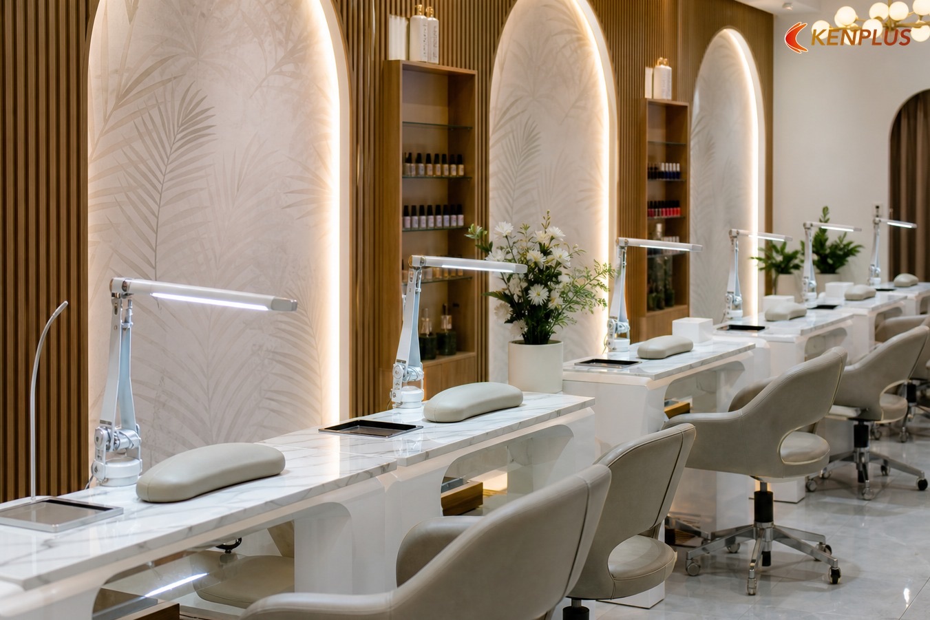 Tiệm nail với dãy bàn trắng, ghế bọc nỉ, vách vòm vân lá và kệ gỗ trưng sản phẩm