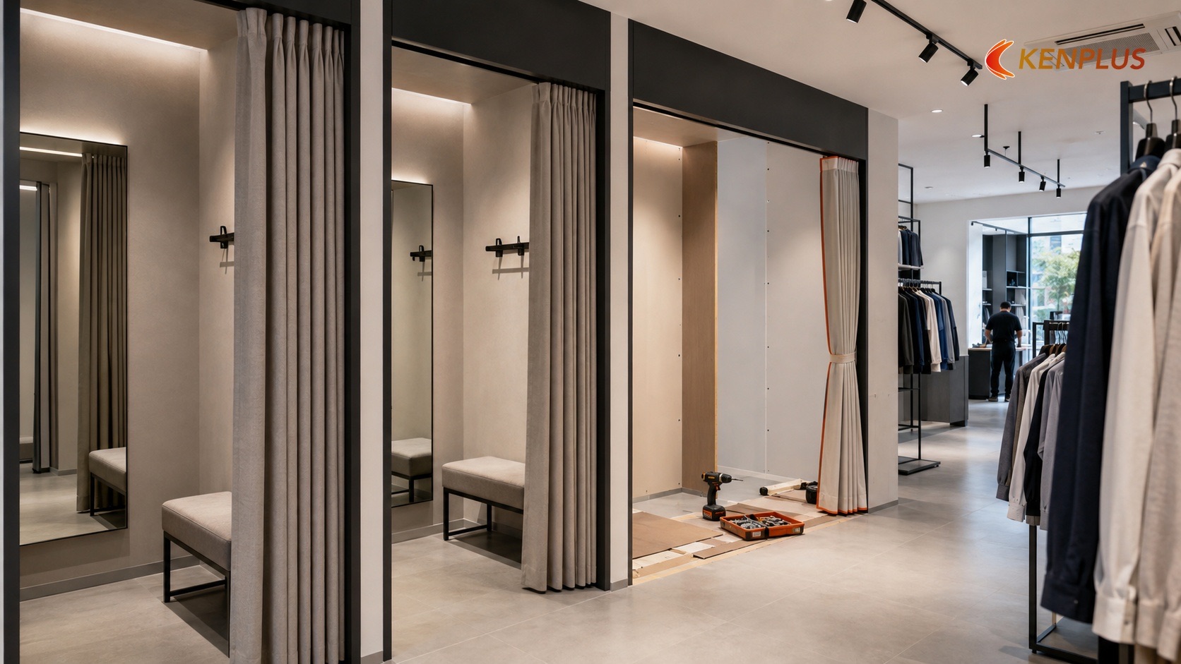 Bảng kích thước phòng thử đồ — ảnh hưởng đến tiến độ — Thi công shop thời trang nam mất bao lâu Bảng kích thước phòng thử đồ — ảnh hưởng đến tiến độ — Thi công shop thời trang nam mất bao lâu