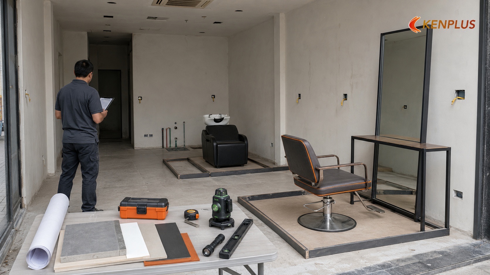 Chuẩn bị — khảo sát, hồ sơ và bảng kích thước station/bồn gội — Quy trình thi công salon tóc nữ từ A đến Z Chuẩn bị — khảo sát, hồ sơ và bảng kích thước station/bồn gội — Quy trình thi công salon tóc nữ từ A đến Z