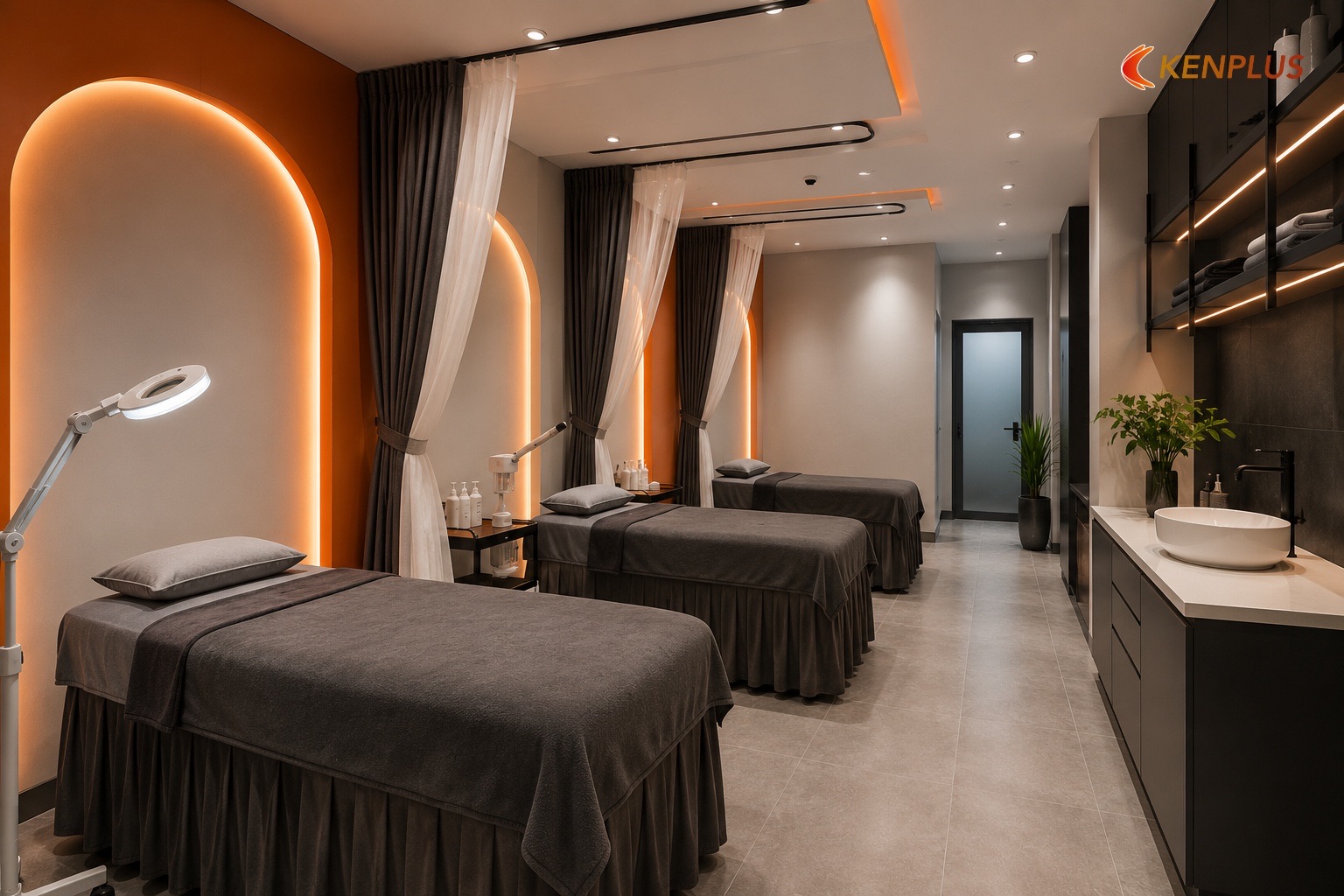 Giường facial và bố trí trục phòng — Thiết kế phòng treatment cho spa chăm sóc da