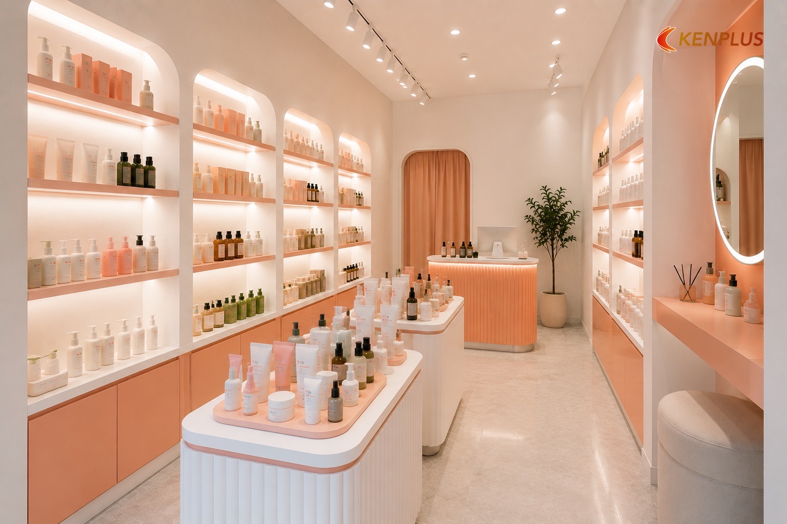 Bố cục mẫu cho shop K-beauty 15 mét vuông — Mẫu thiết kế shop mỹ phẩm Hàn Quốc đẹp, dễ thi công