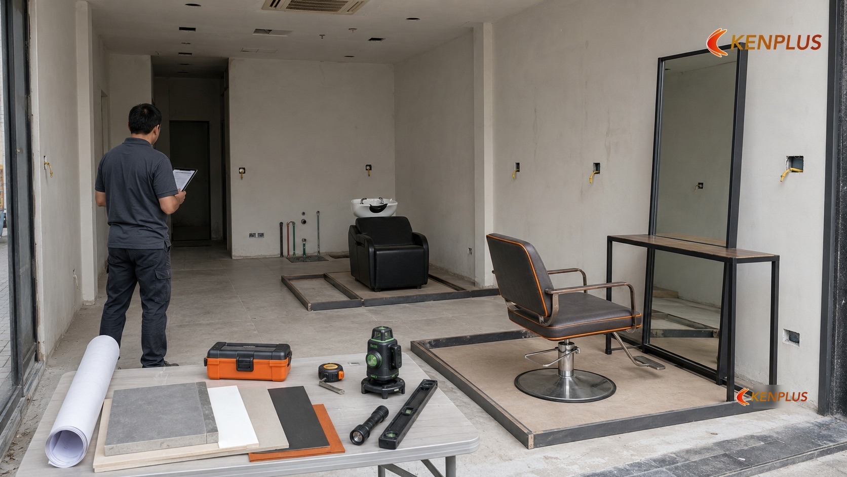 Chuẩn bị — khảo sát mặt bằng, bản vẽ và kích thước bàn gương, bồn gội