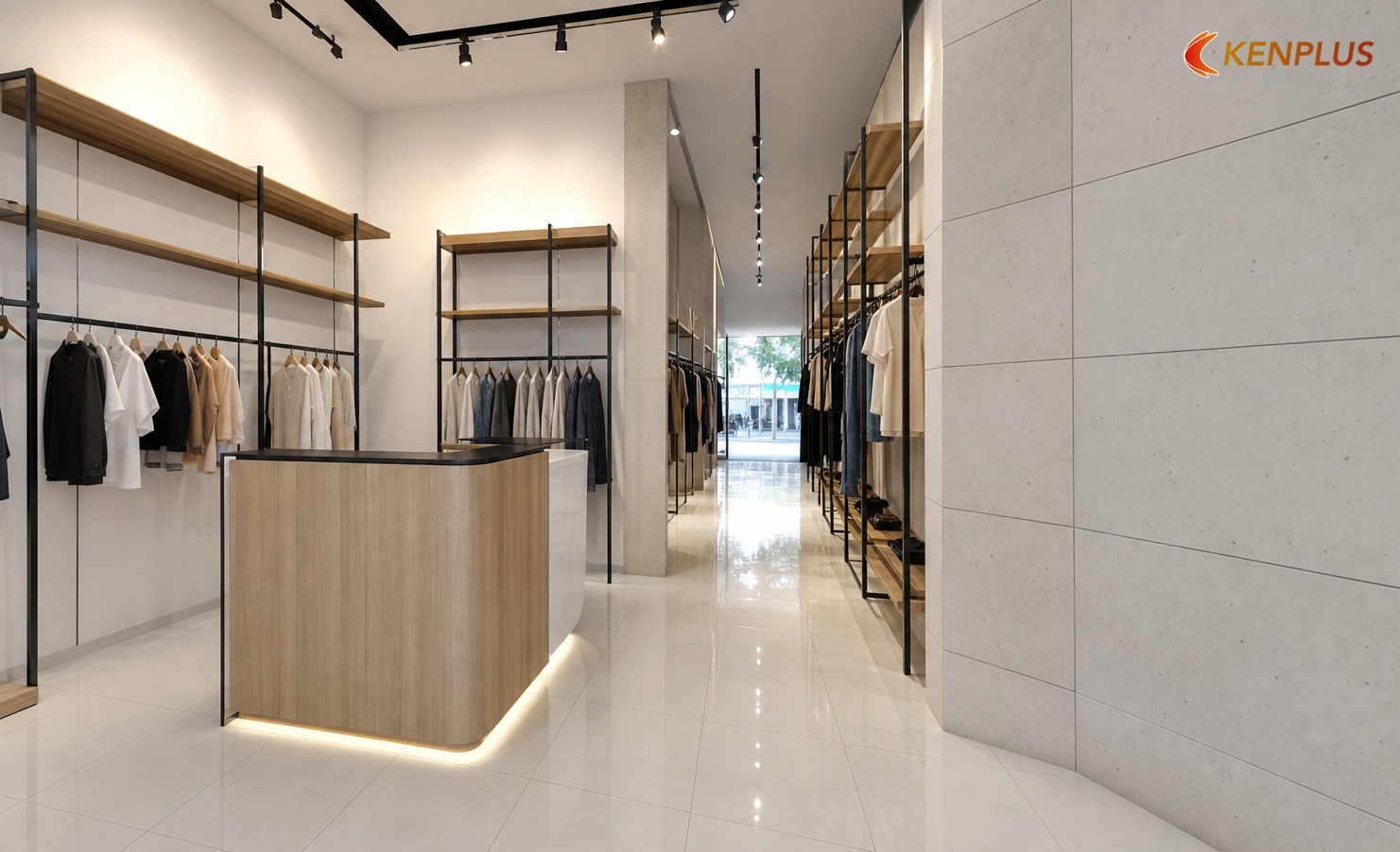 Mẫu 08 — Corner shophouse — chữ L — 25+ mẫu thiết kế shop thời trang đẹp 2026 Mẫu 08 — Corner shophouse — chữ L — 25+ mẫu thiết kế shop thời trang đẹp 2026