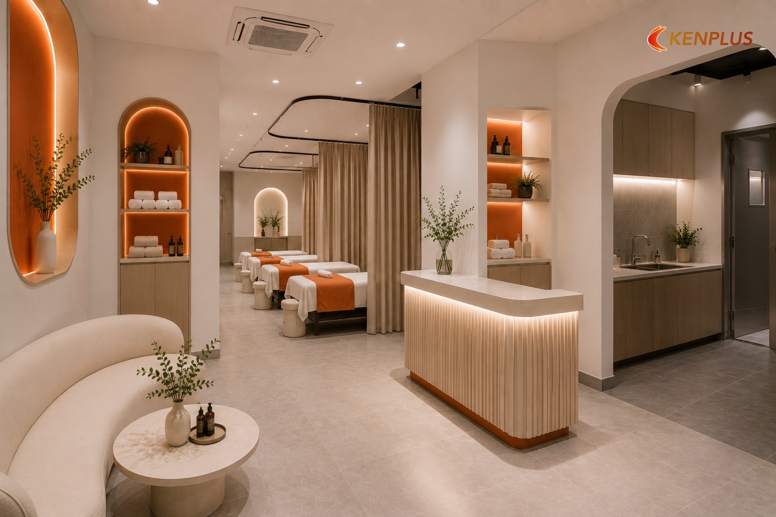 Sơ đồ luồng khách–nhân viên (tách sạch / bẩn) — Sàn SPC hay gạch cho spa mini