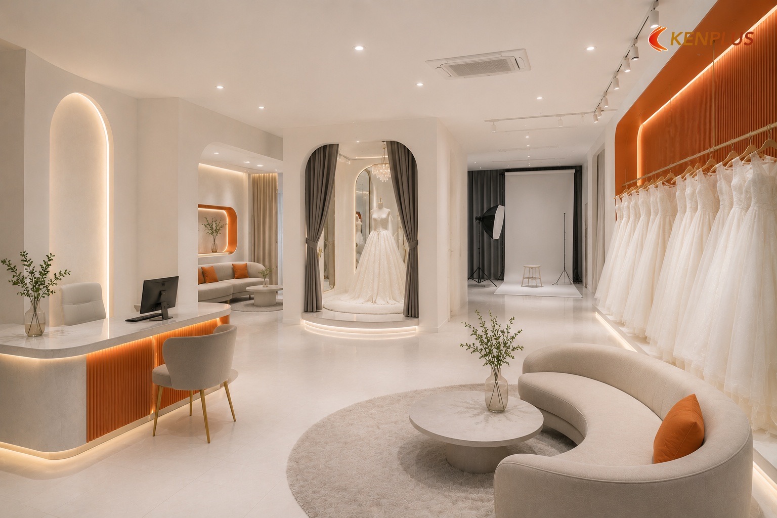 Năm khối chức năng bắt buộc trên 60 m² — Cách bố trí studio áo cưới 60m² hợp lý Năm khối chức năng bắt buộc trên 60 m² — Cách bố trí studio áo cưới 60m² hợp lý
